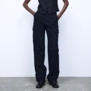 Zara High Rise Cargo Straight Leg Pant in Navy Blue